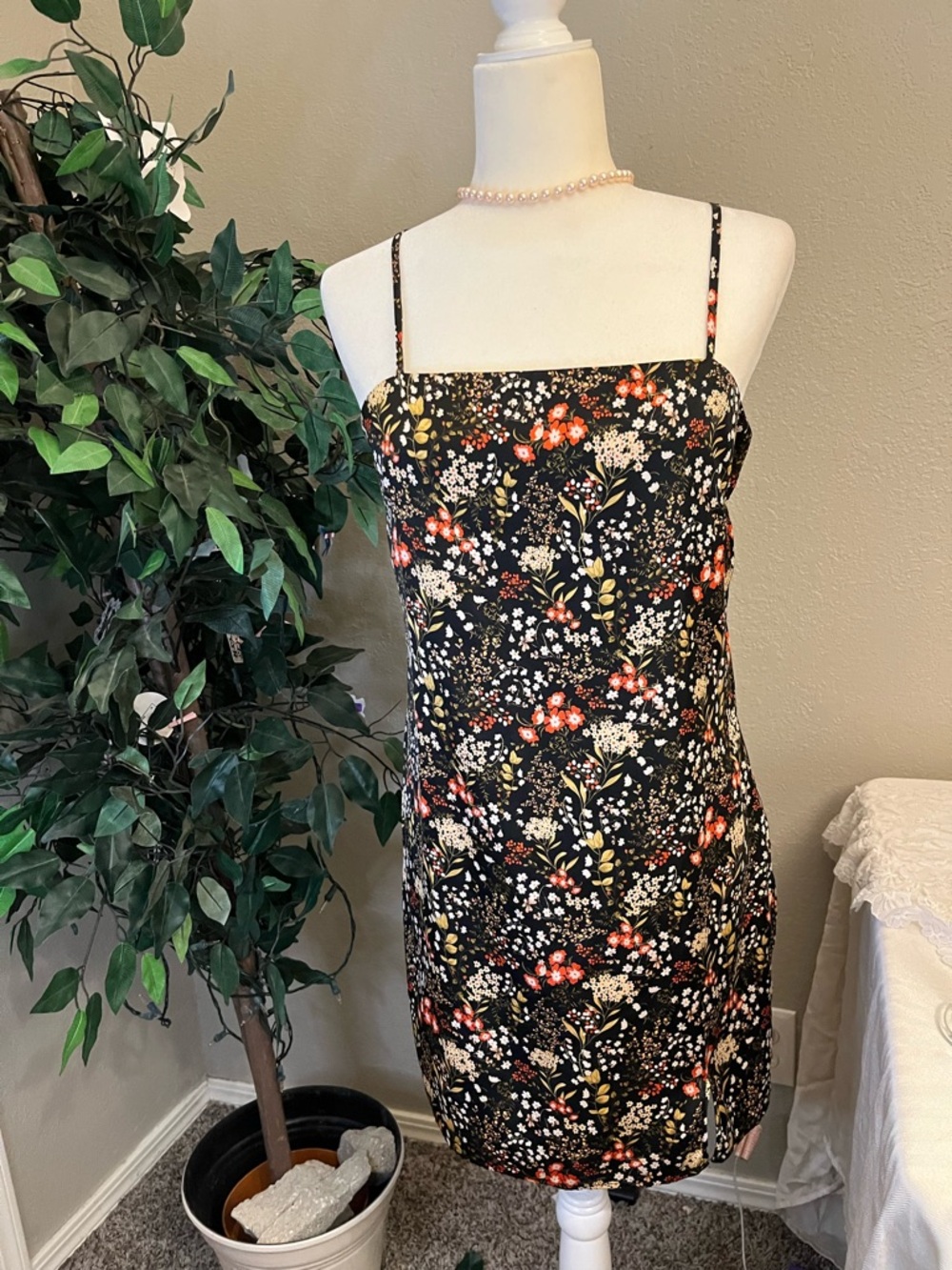 Forever 21 Black Floral Slip Dress with Red & White Accents